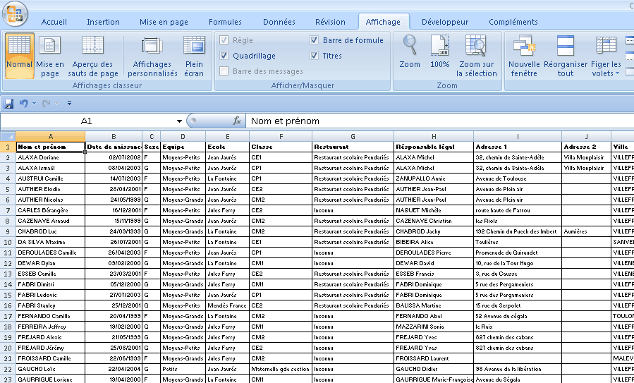 Export excel du fichier enfant