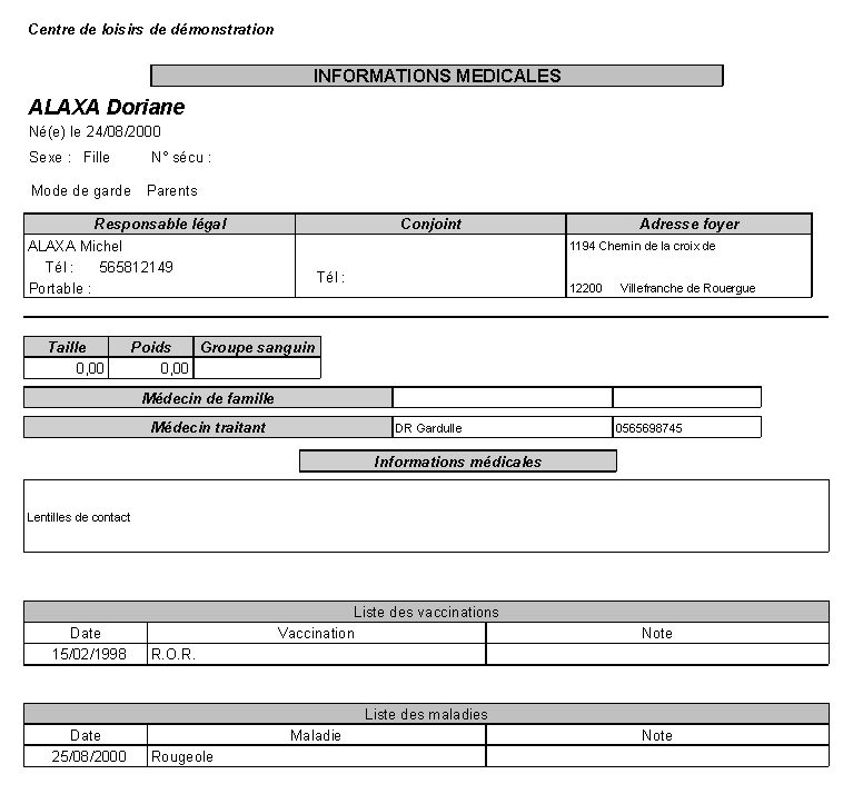 fiche médicale enfant