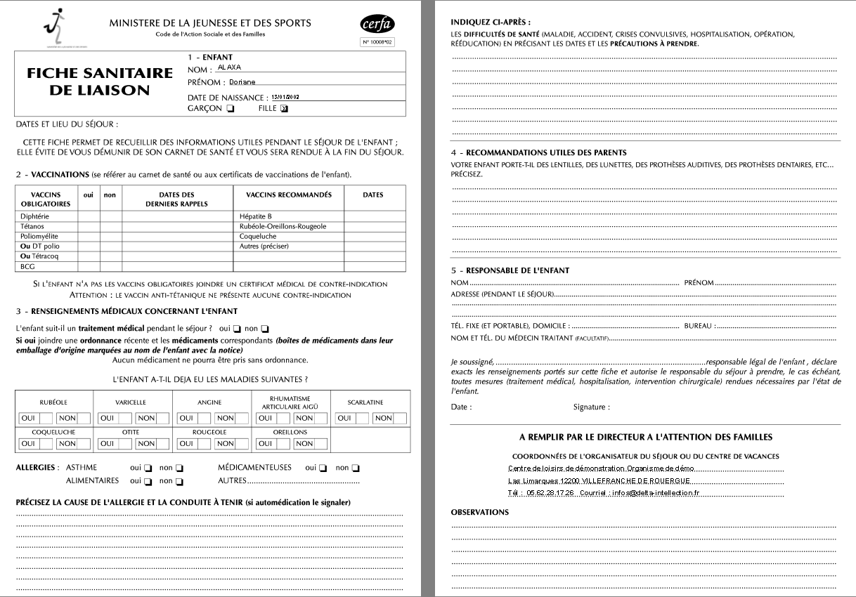 Fiche sanitaire de liaison