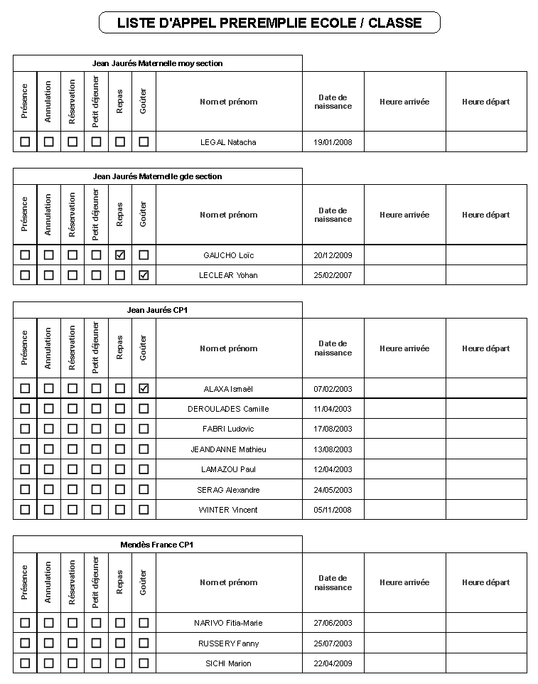 Liste d'appel par école et par classe