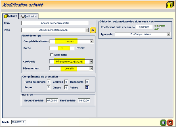 Paramétrage activité accueil périscolaire matin