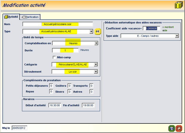 Paramétrage activité accueil périscolaire soir