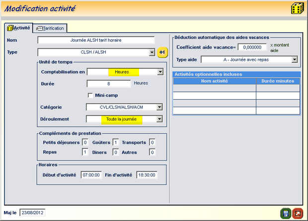 ALSH cout horaire=0,0025% X revenu annuel famille