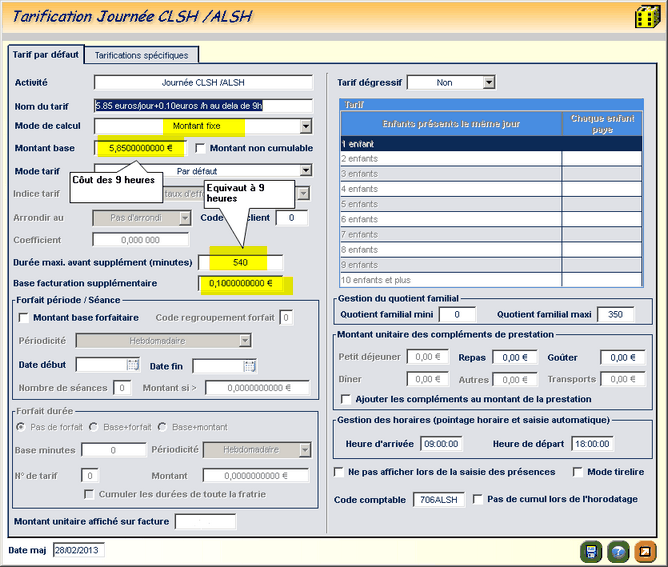 Tarif 5.85 par jour+0.10€ par heure supplémentaire au delà de 9 heures de présences