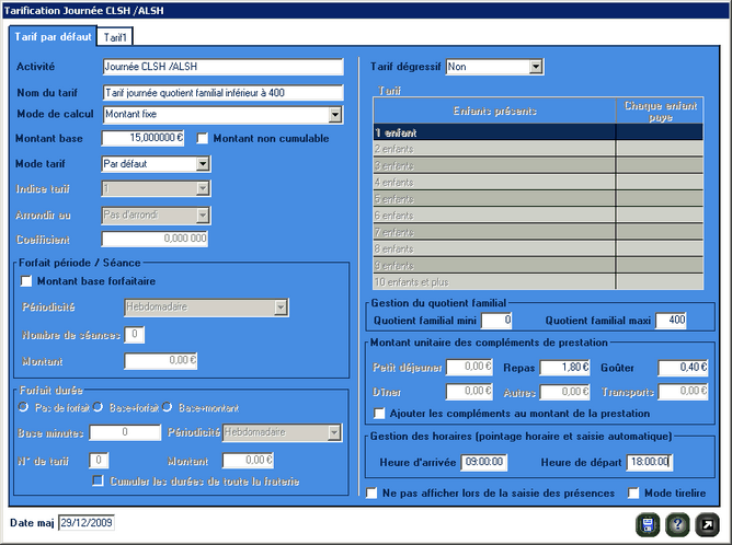 Tarif journée CLSH : QF compris entre 0 et 400