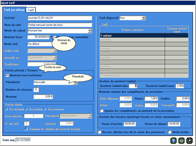 Tarif journée CLSH : forfait mensuel