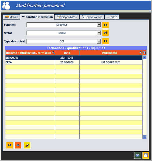 Fenêtre de gestion des fonctions, formations et des diplômes