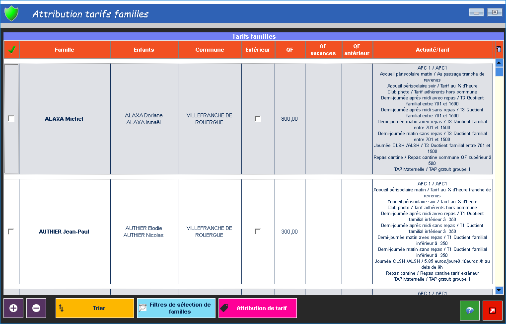 Attribution de tarifs aux familles