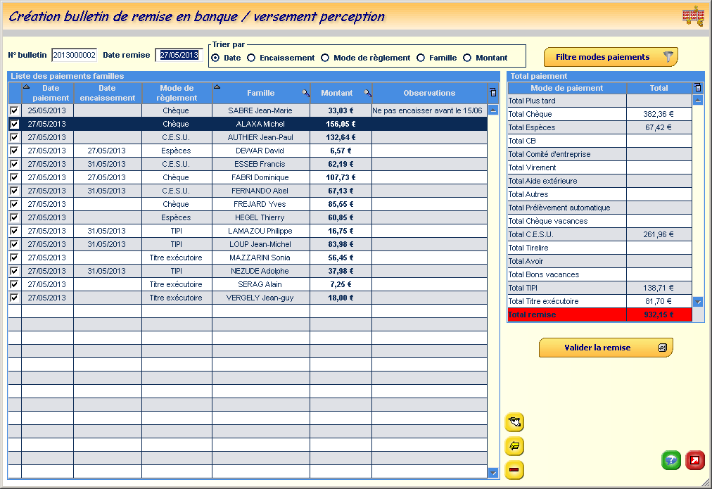 Création d'un bulletin de versement / remise en banque