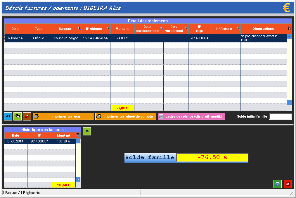 Détail factures et paiements familles