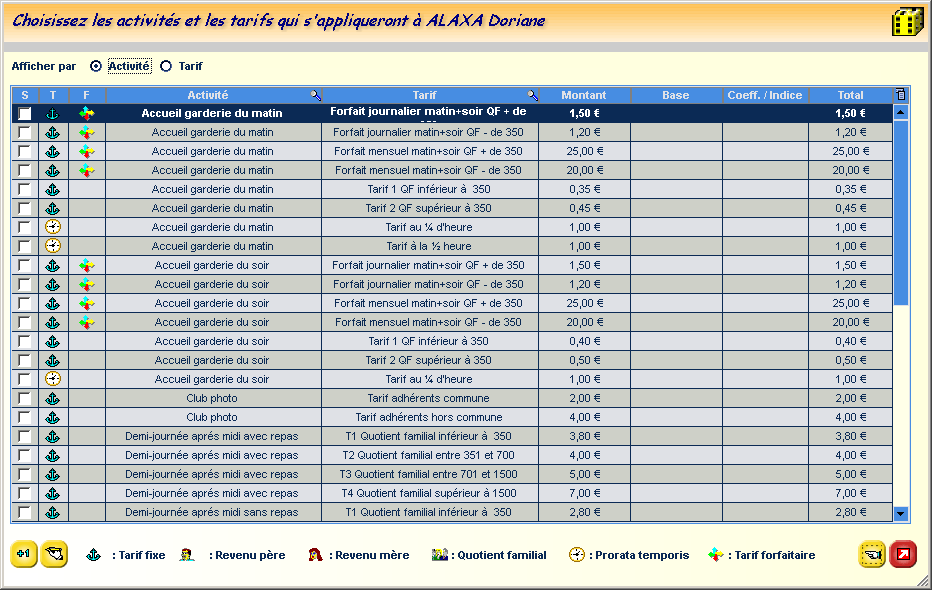 Sélection d'un tarif à associer à l'enfant