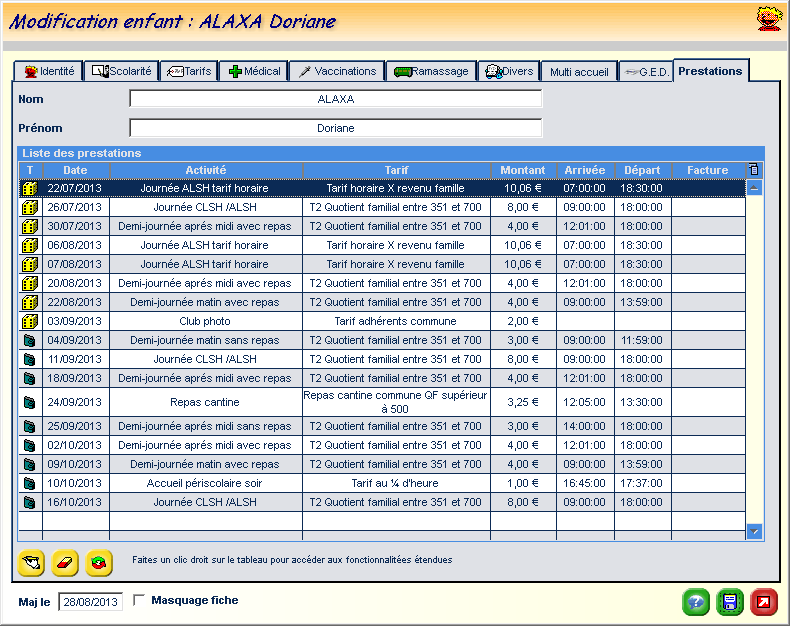 Affichage des prestations de l'enfant