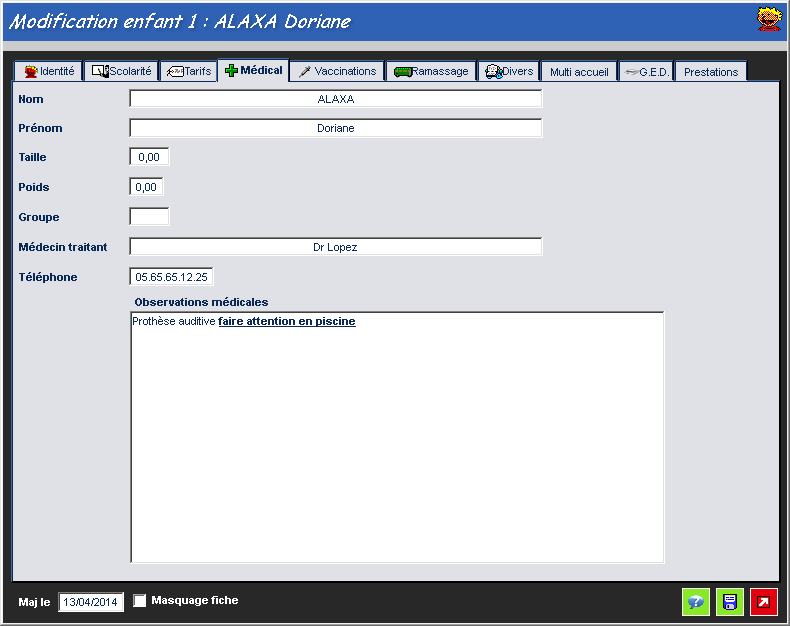 Fiche enfant : informations médicales