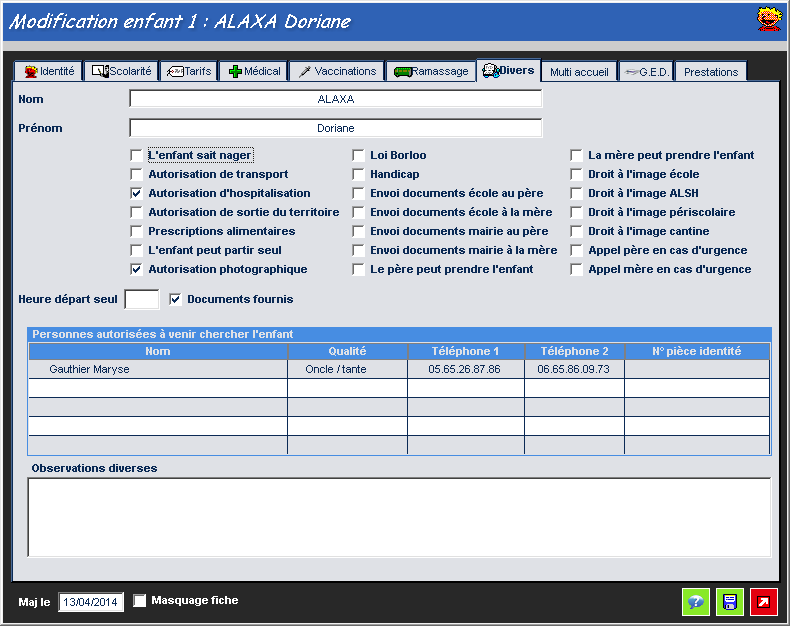 Fiche enfant : informations diverses