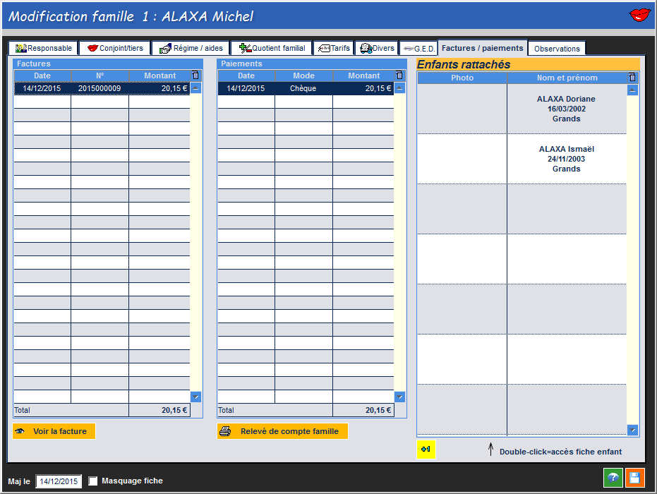 Visualisation des factures et paiements familles