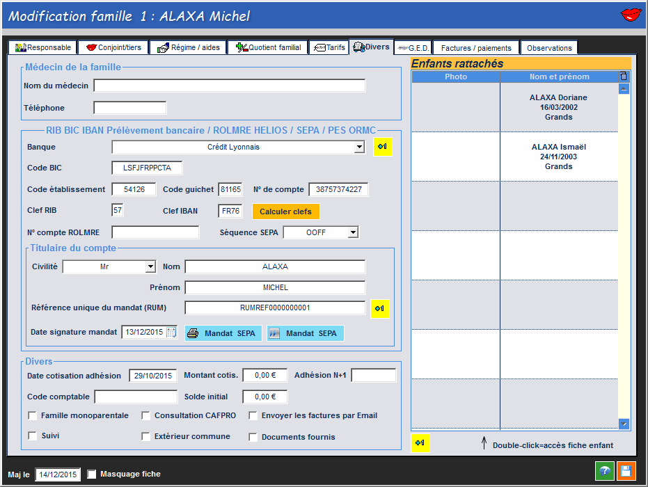 Onglet de gestion des informations diverses familles