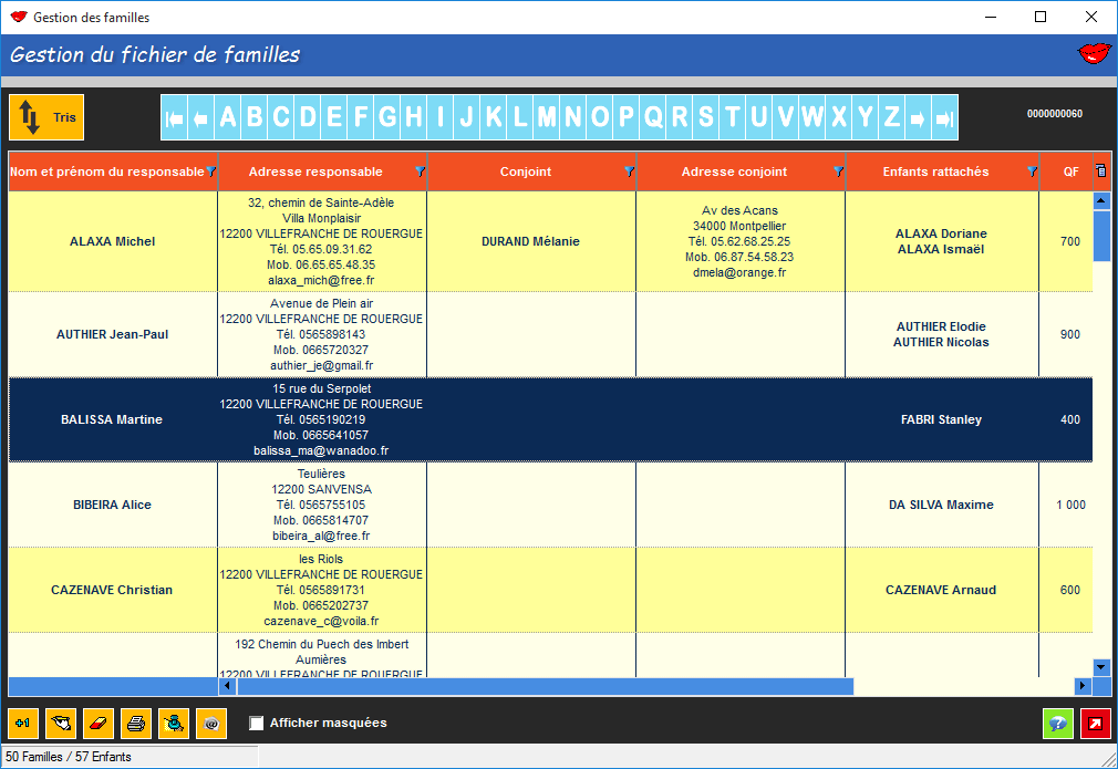 Fenêtre de gestion du fichier de familles