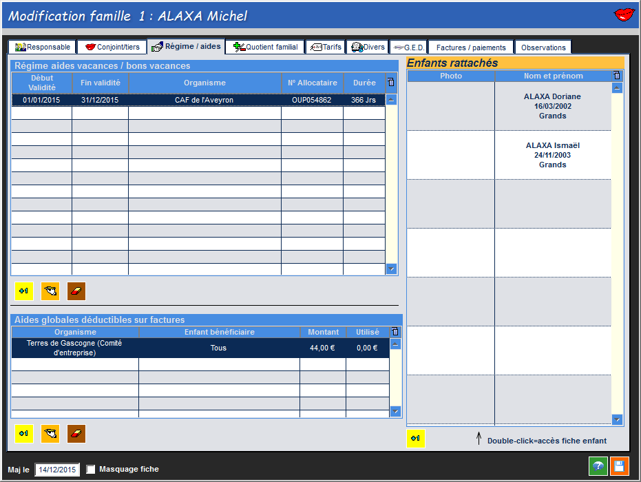 Fiche famille : gestion des aides vacances