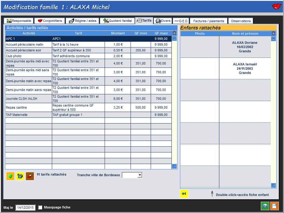 Fiche famille : affectation d'un tarif