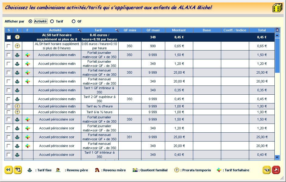 Fiche famille : choix d'un tarif à affecter