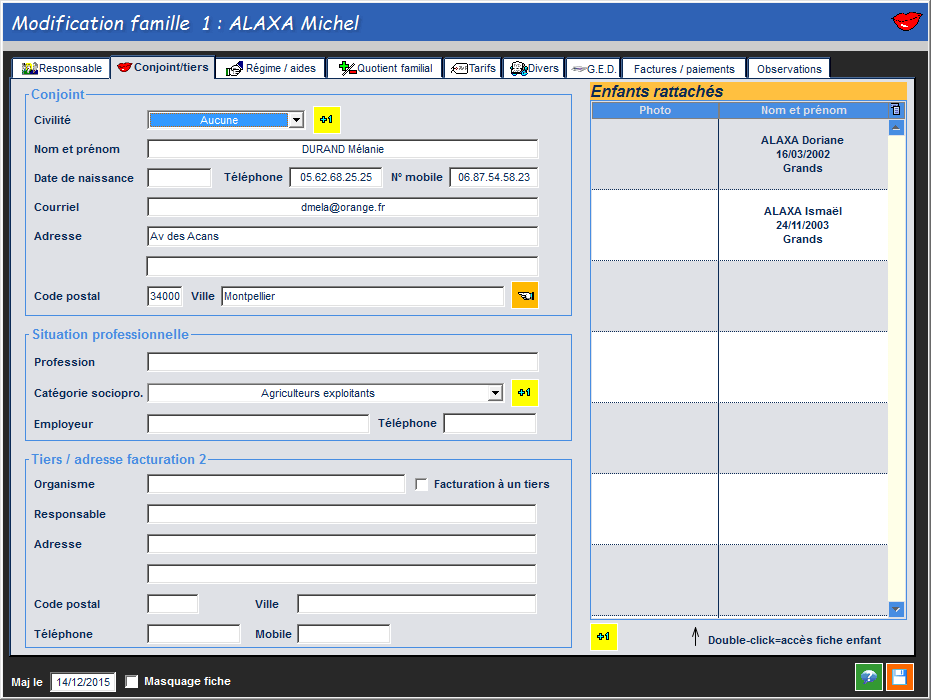 Fiche famille : saisie des informations conjoint