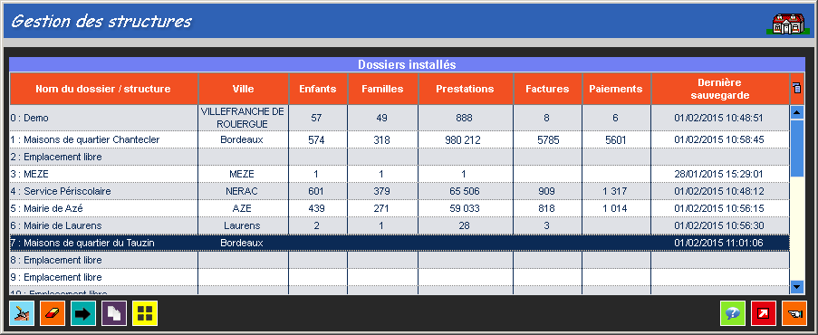 Fenêtre de gestion des structures