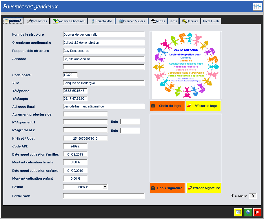 Paramétres d'identification de la structure d'accueil de loisirs