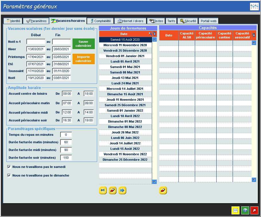 Fenêtre de saisie des dates de vacances et horaires