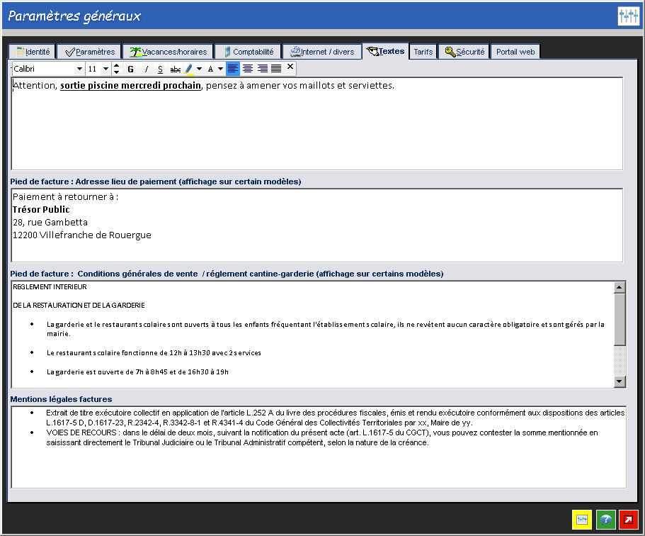Fenêtre de saisie du texte de pied de facture