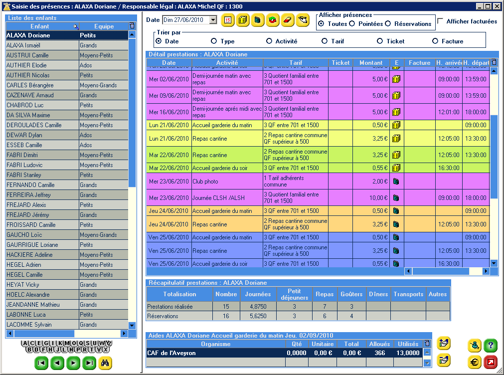 Saisie des présences et des réservations