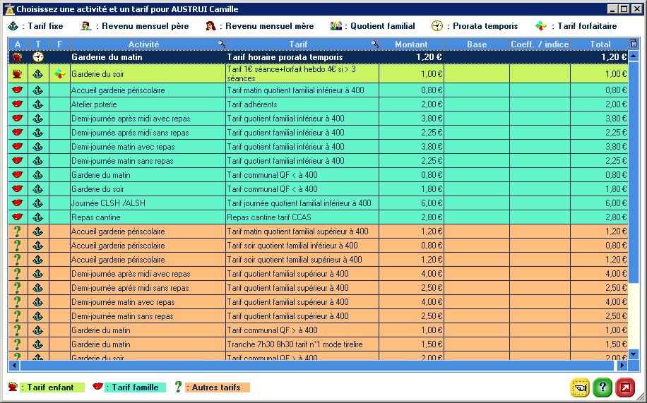 Fenêtre de sélection tarif / activité