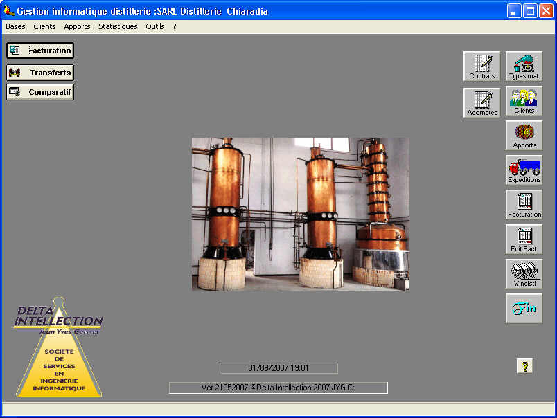 Ecran principal du logiciel de gestion de distillerie
